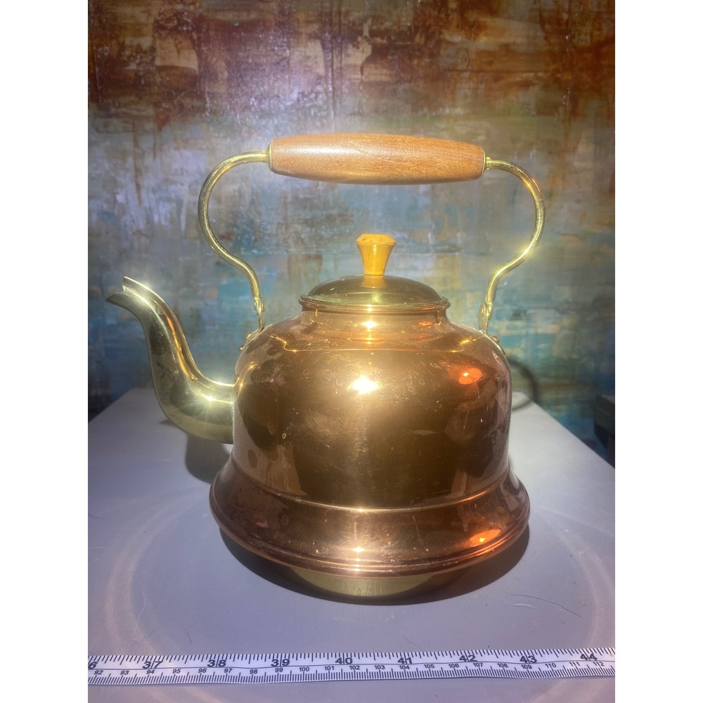 Vintage Made in Holland Copper Tea Kettle Brass Handle Wood Grip Stovetop Pot